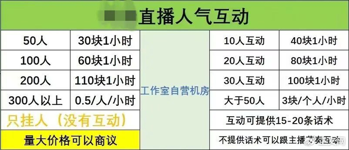 水军团队提供给记者的直播间人气互动价格表。