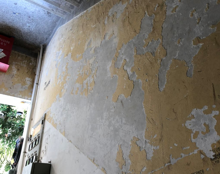 （愉天小区里老旧的墙面 吴家明/摄）