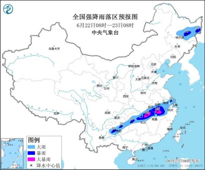 图1 全国强降雨落区预报图（6月22日08时-23日08时）