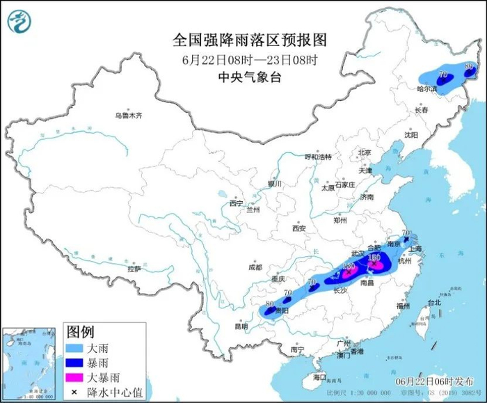 图1 全国强降雨落区预报图（6月22日08时-23日08时）