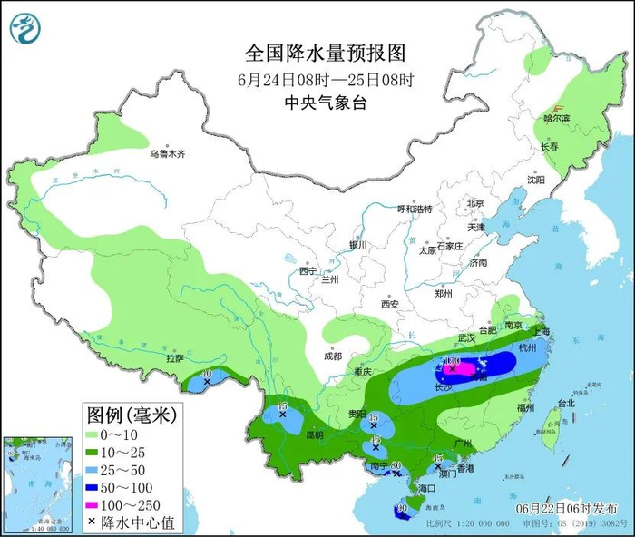 图5 全国降水量预报图（6月24日08时-25日08时）