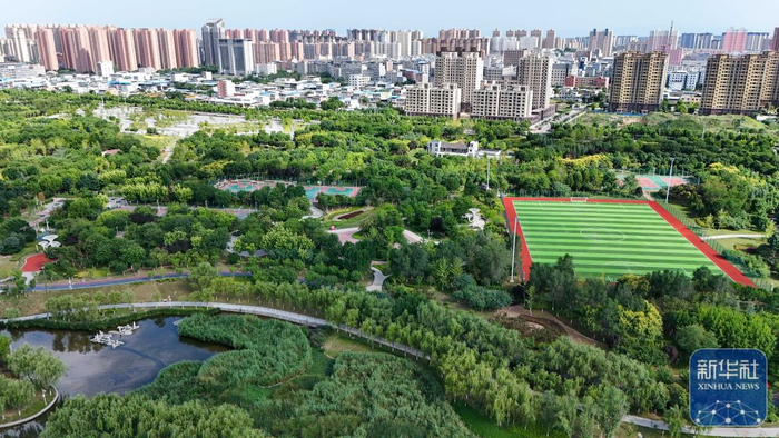 ↑陕西省富平县温泉河湿地公园景色（6月21日摄，无人机照片）。新华社记者 邹竞一 摄