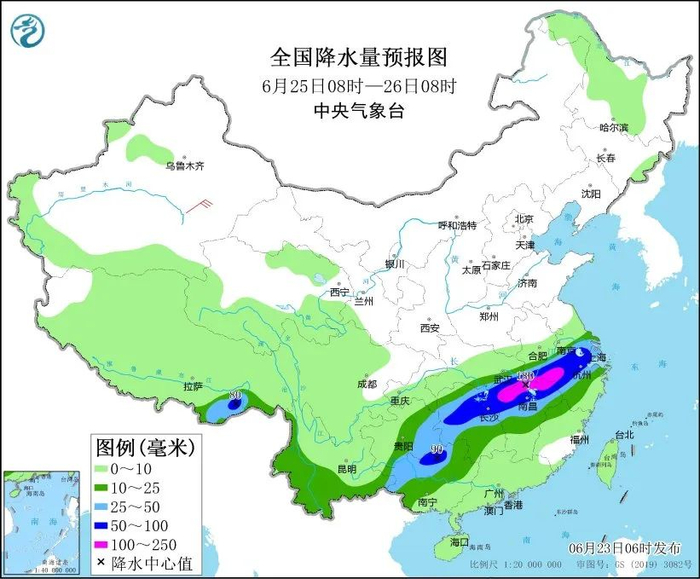 图5 全国降水量预报图（6月25日08时-26日08时）