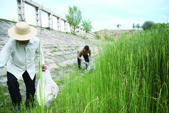 村级河湖长在巡护途中捡拾垃圾。公保安加 摄