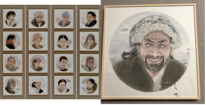 作品《吉祥紫光》与破损的画作。