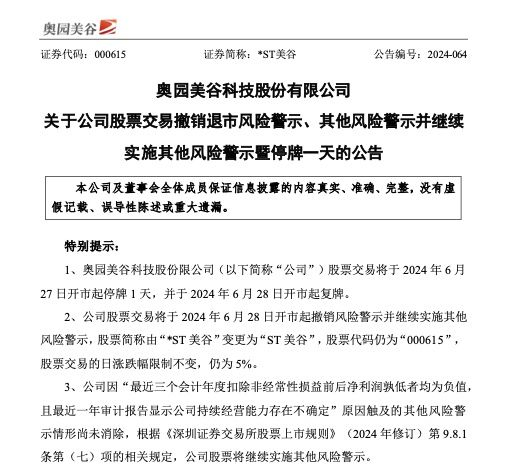 ▲*ST美谷公告截图