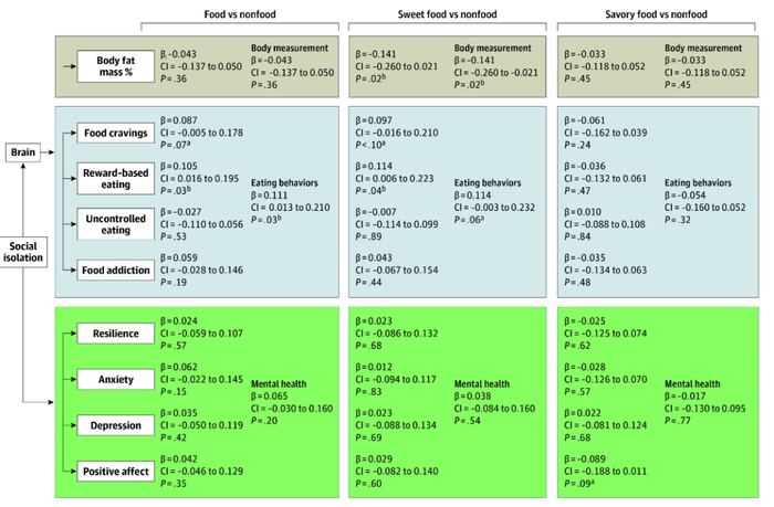 图3：大脑对食物线索的反应以及与感知孤立和身体测量、饮食行为和心理健康之间的关联的中介模型