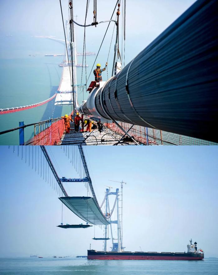 上图：2023年2月22日，工人在深中通道伶仃洋大桥海上施工猫道及主缆上开展作业。