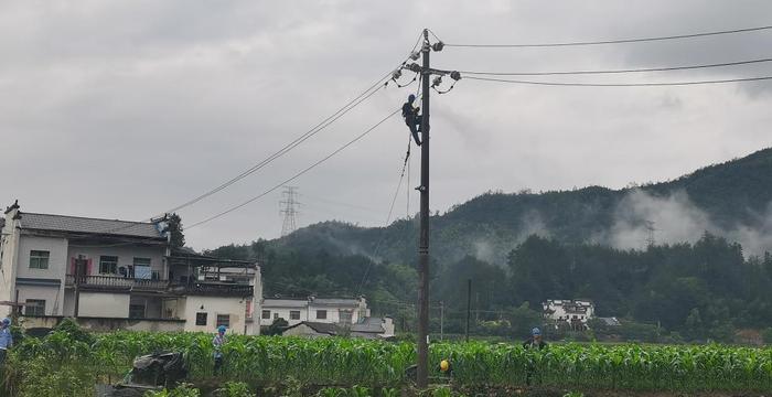   6月28日，电力工人在黄山市休宁县蓝田镇前川村进行维修作业。新华社记者胡锐 摄