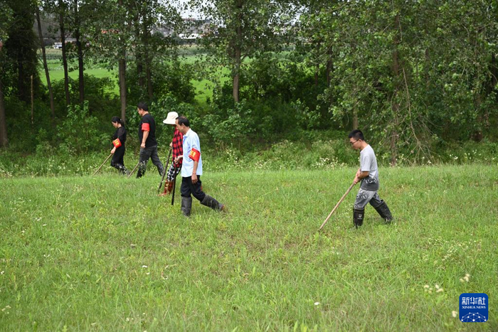 　　7月3日，谭康（右一）和队员们在同马大堤宿松段巡堤查险。新华社记者 周牧 摄