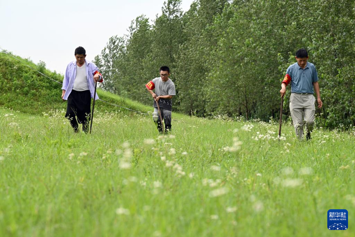 　　7月2日，谭康（中）和队员们在同马大堤宿松段巡堤查险。新华社记者 周牧 摄