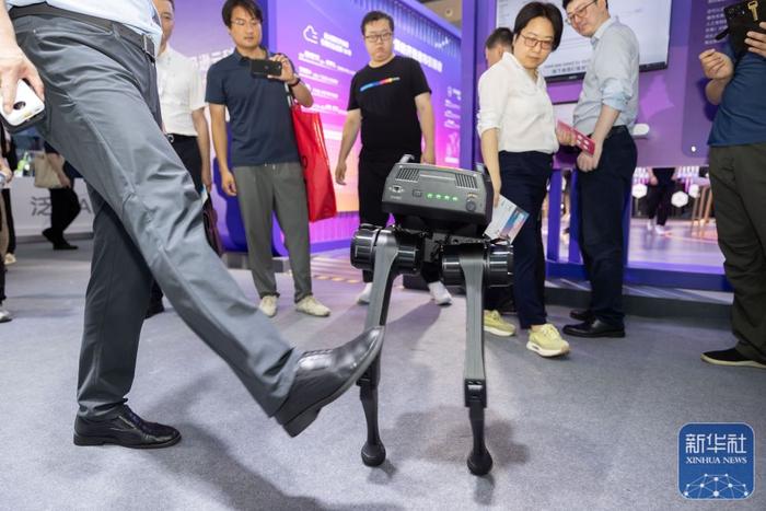 7月4日，在逐际动力展位，工作人员演示“踢不倒”的双足机器人。新华社记者 王翔 摄