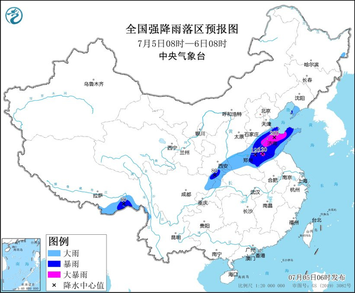 图1 全国强降水落区预报（7月5日08时-6日08时）