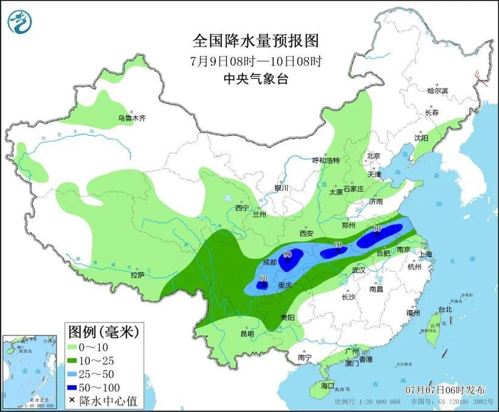 &nbsp; &nbsp; &nbsp; &nbsp; &nbsp; &nbsp;图6 全国降水量预报图（7月9日08时-10日08时）