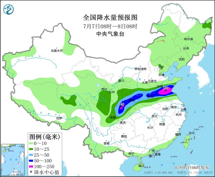 图4 全国降水量预报图（7月7日08时-8日08时）