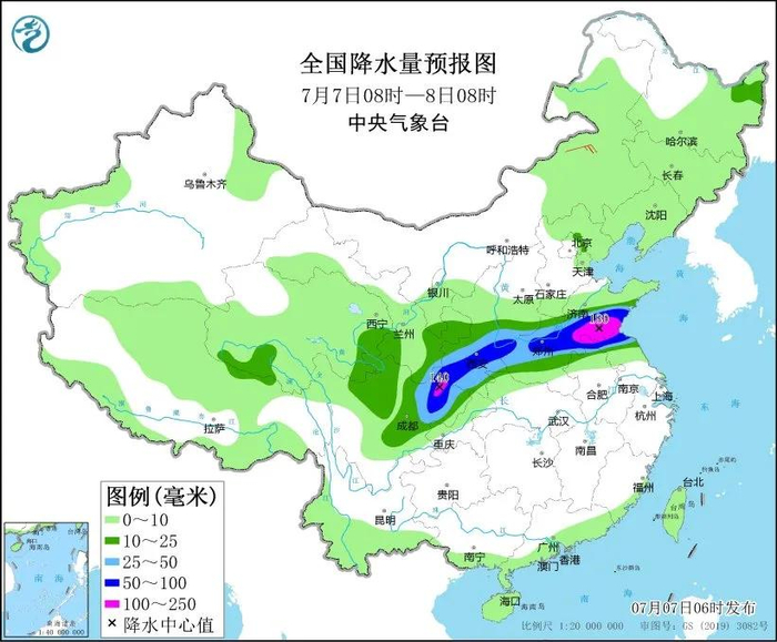 图4 全国降水量预报图（7月7日08时-8日08时）