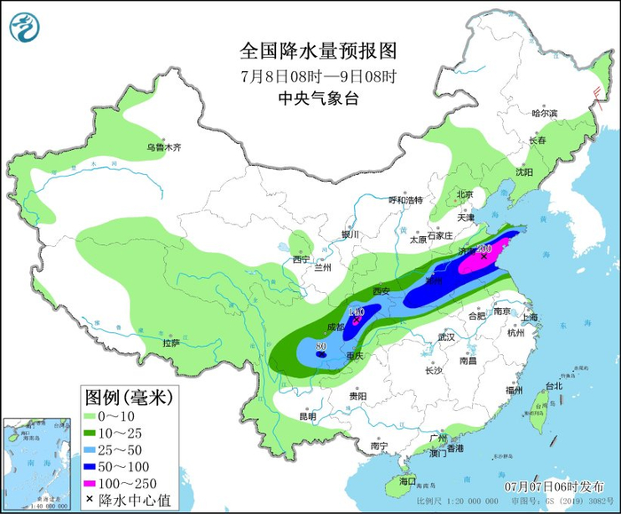 图5 全国降水量预报图（7月8日08时-9日08时）