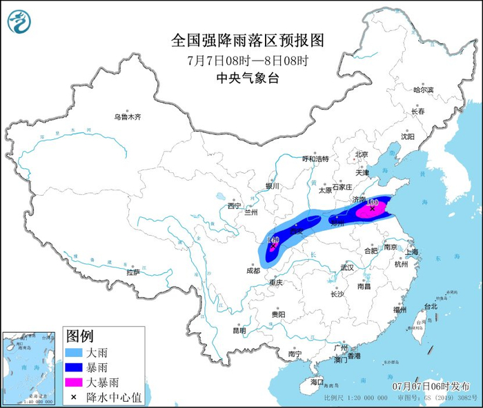 图1 全国强降水落区预报（7月7日08时-8日08时）