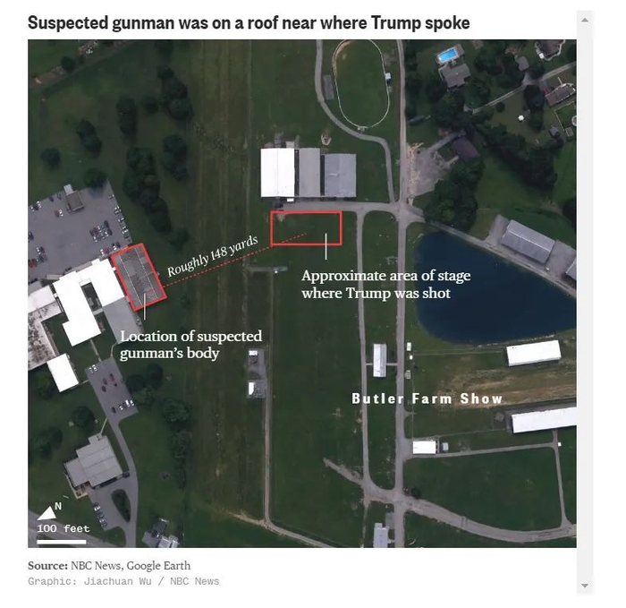 枪击嫌疑人距离特朗普舞台约150码 图片来源：NBC
