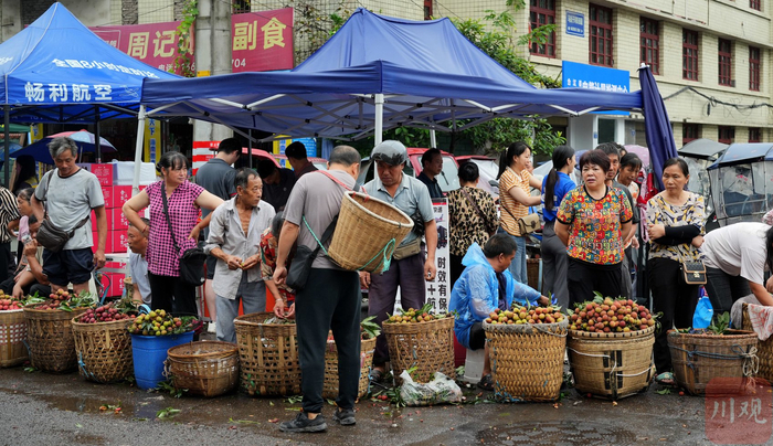 上市的荔枝摆在市场街道两边。