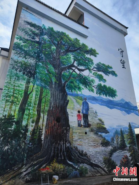   段桂秀家的外墙上，画这一幅名为《守望》的壁画。刘越 摄
