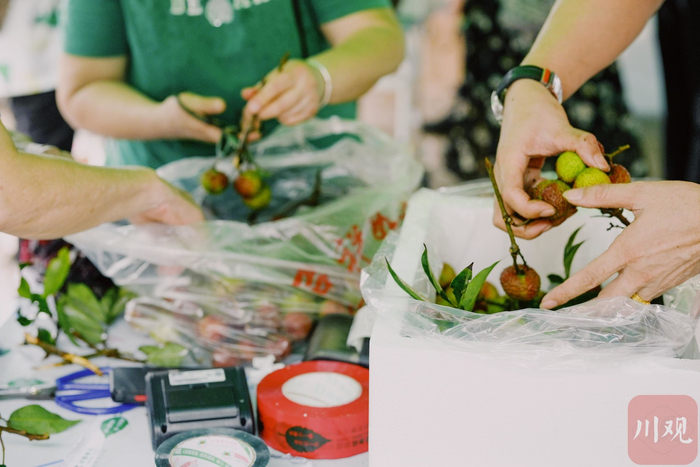 快递员正在将荔枝打包装箱。