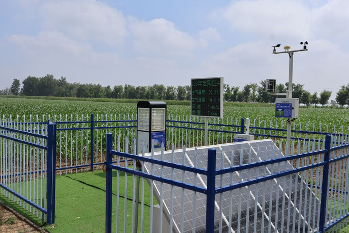 在菏泽市定陶区一处高标准农田，自动监测系统正在对田地中各项数据进行实时监测。新华社记者周昊瑾摄
