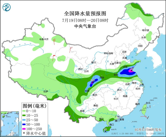 图6 全国降水量预报图（7月19日08时-20日08时）