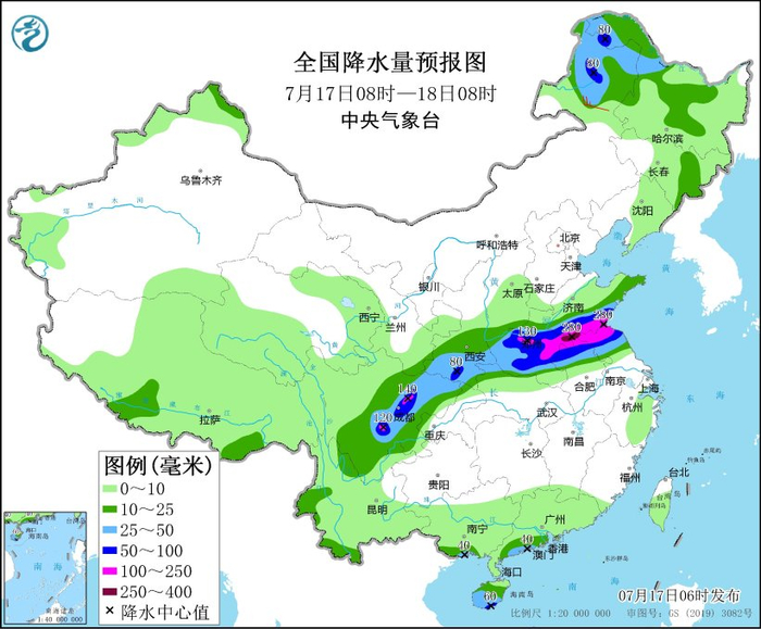 图4 全国降水量预报图（7月17日08时-18日08时）