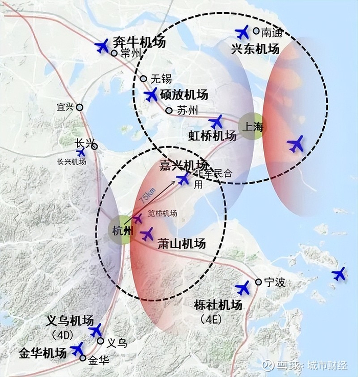 上海都市圈及邻近区域机场分布图
