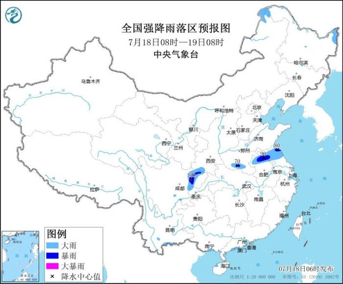 图1 全国强降雨落区预报图（7月18日08时-19日08时）