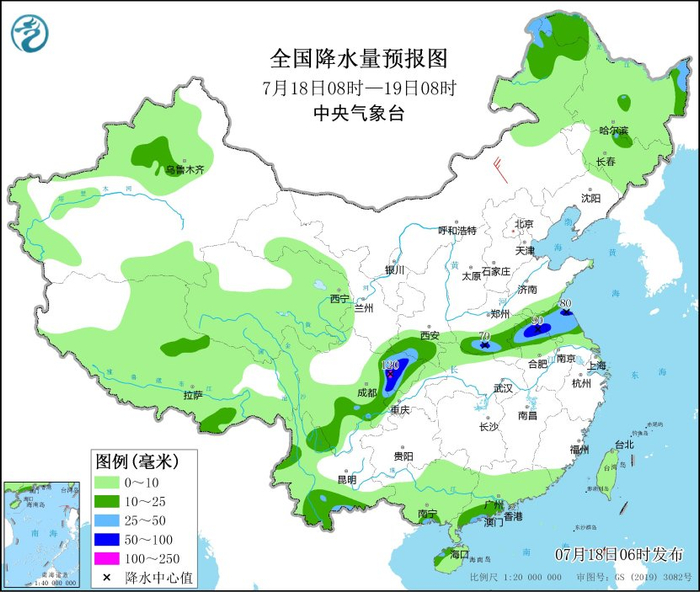 图4 全国降水量预报图（7月18日08时-19日08时）