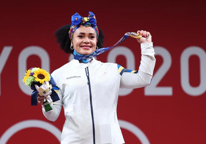 2021年8月1日，厄瓜多尔选手巴雷拉在东京奥运会举重女子76公斤级决赛中夺冠。新华社记者 杨磊 摄