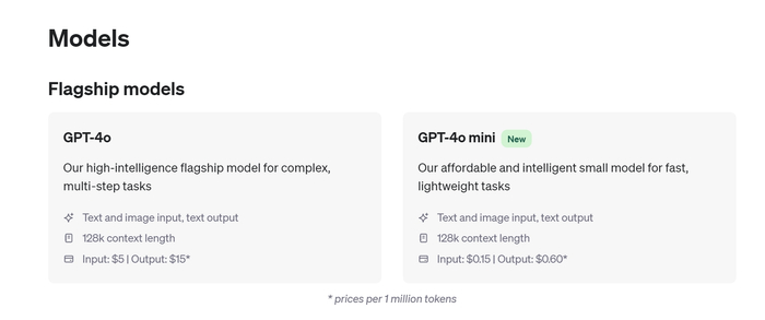 （OpenAI模型定价，来源：官网）