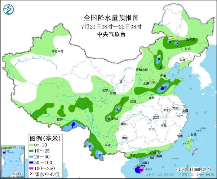 图5 全国降水量预报图（7月21日08时-22日08时）