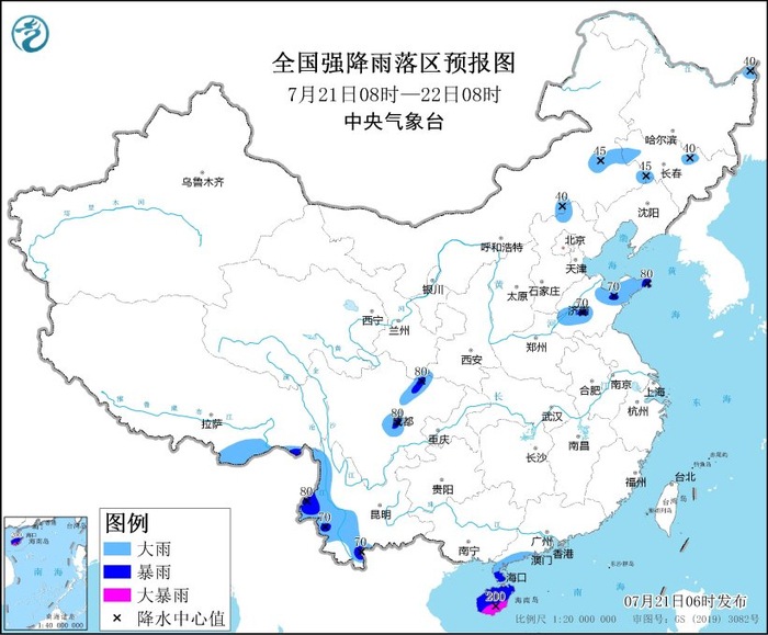 图1 全国强降雨落区预报图（7月21日08时-22日08时）
