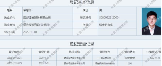 图为单慧伟执业信息,西部证券是单慧伟唯一卖方执业机构经历