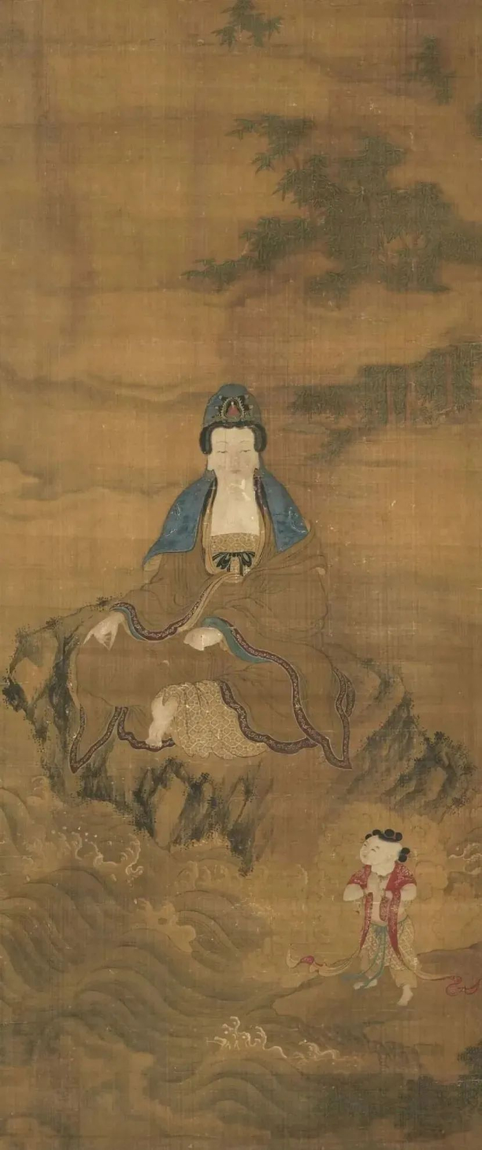 明 童子拜观音图轴