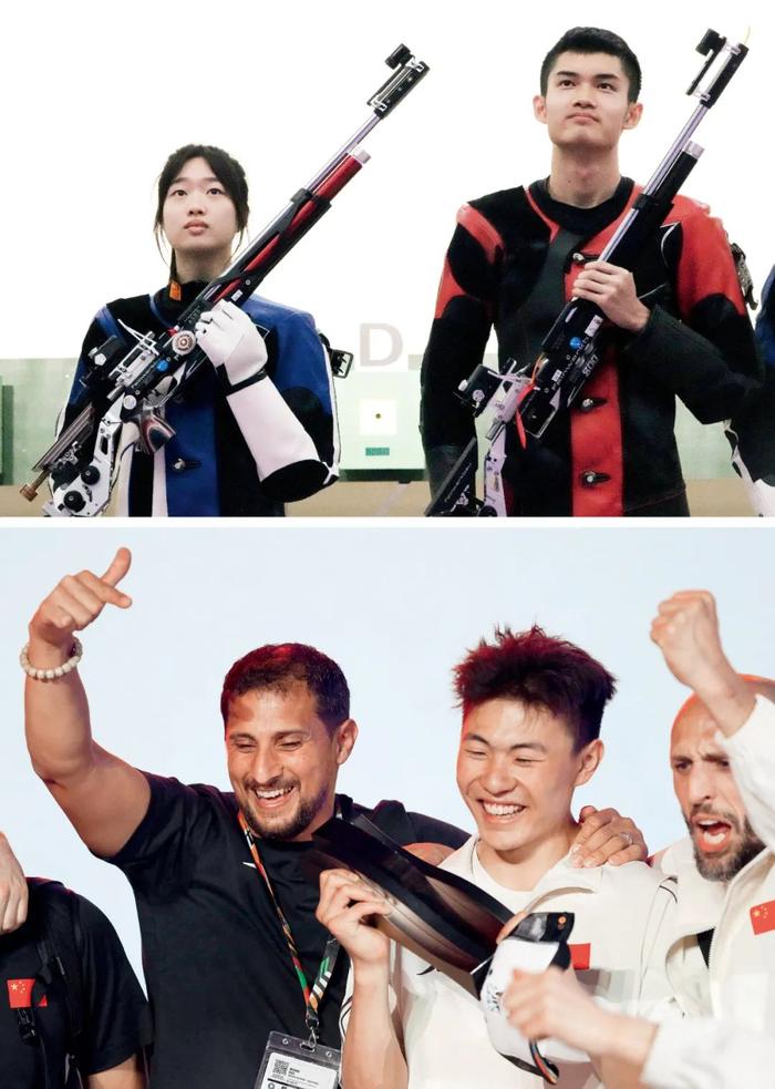 上图：气步枪赛事中的黄雨婷（左）、盛李豪。摄影/本刊记者 田博川