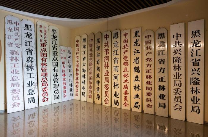 这是在龙江森工集团绥棱林区博物馆内展示的龙江森工集团及部分下属林业局公司曾经使用过的条牌（7月25日摄）。