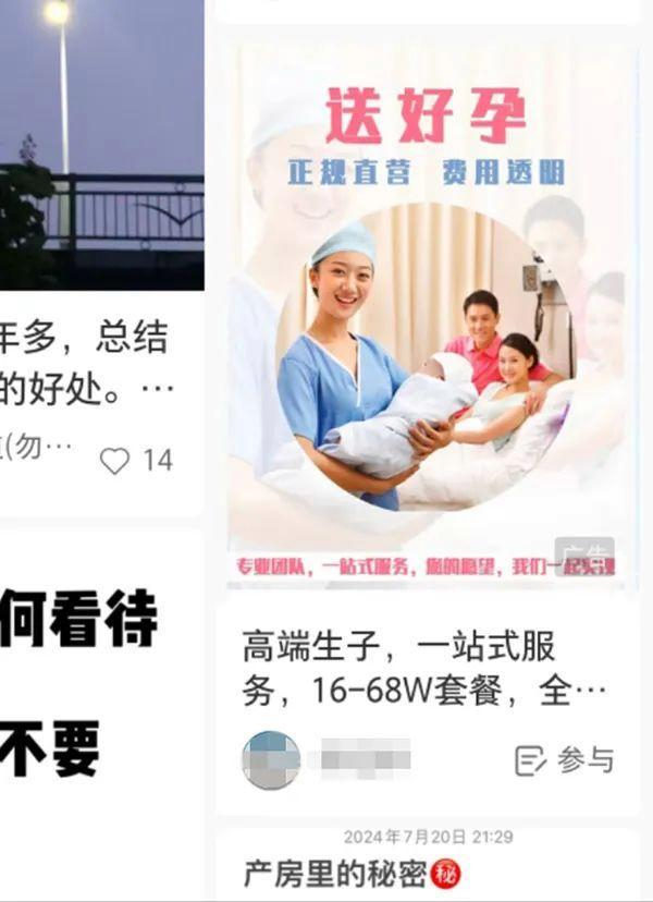 在小红书平台上，记者以“生孩子”为关键词搜索发现的内容。网帖截图