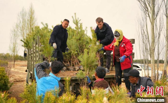 (资料图)图为美国小伙殷一凡(中)在毛乌素沙地种树。　崔博群摄