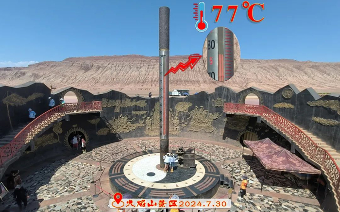 火焰山景区7月30日最高地表温度达77℃。来源：火焰山景区微信公众号