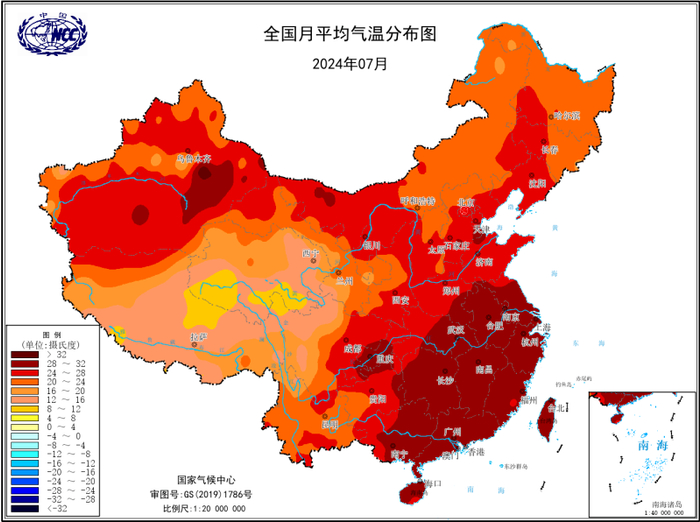 全国7月月平均气温分布图。来源：国家气候中心