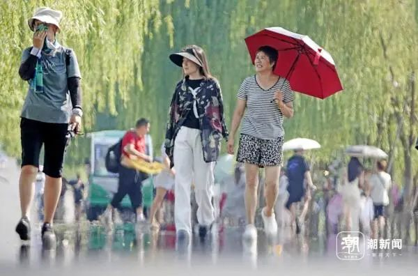 杭州西湖白堤路面温度接近50℃，在酷暑中游玩的游客们采用各种方式抵御高温。潮新闻记者 林云龙 摄