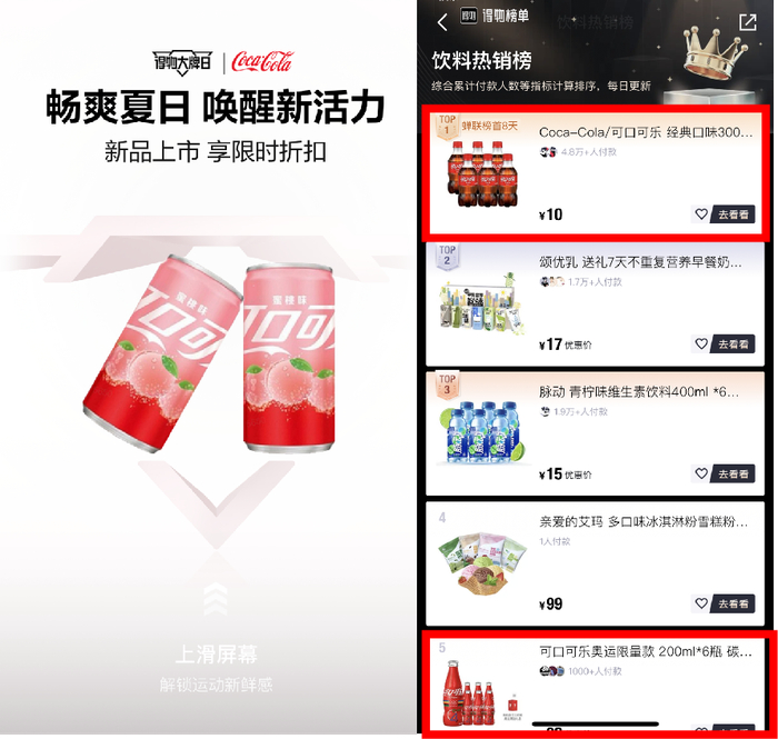 得物饮料热销榜上，可口可乐经典款、奥运限量款分别位居TOP1、TOP5