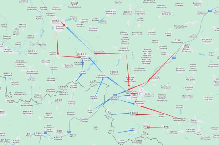 库尔斯克战场态势草图，红色箭头代表俄军驰援坚守方向，蓝色箭头代表乌军进攻方向。