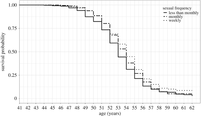 按照性行为频率划分下自然更年期年龄生存曲线