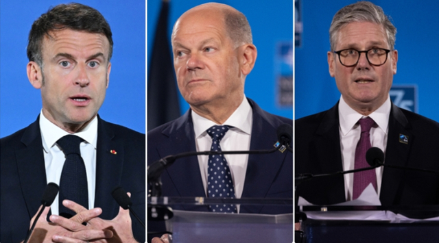 马克龙（左）、朔尔茨（中）和斯塔默资料图片图自外媒