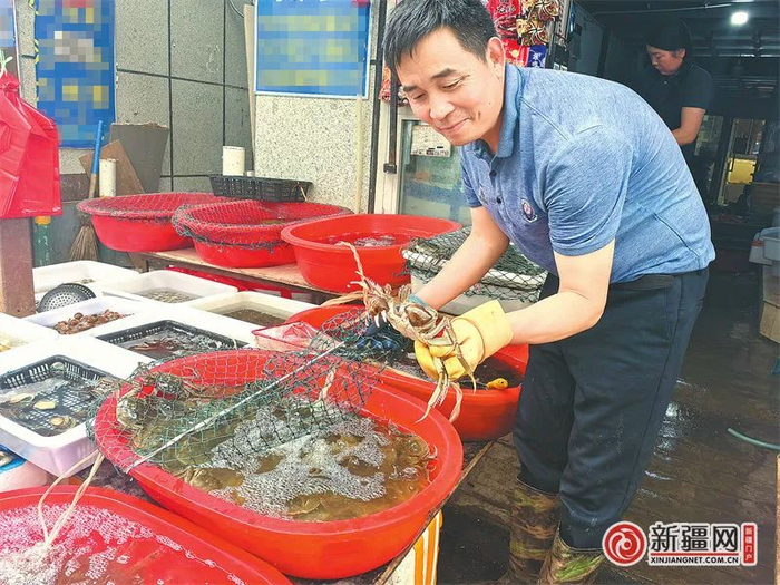 8月11日，在乌鲁木齐市北园春海鲜水产市场，商户正在展示地产螃蟹。乌鲁木齐晚报全媒体记者 王璇摄